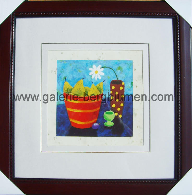 Kunstdruck - 
                                Tisch mit einen Eimer Birnen und eine Blume in Vase - H/B 45cm/45cm