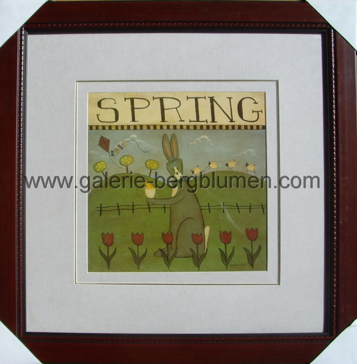 Kunstdruck - 
                                Darstellung Frühling mit Hasen im Tulpenfeld und flegenden Drachen, als Titel Spring - H/B 45cm/45cm