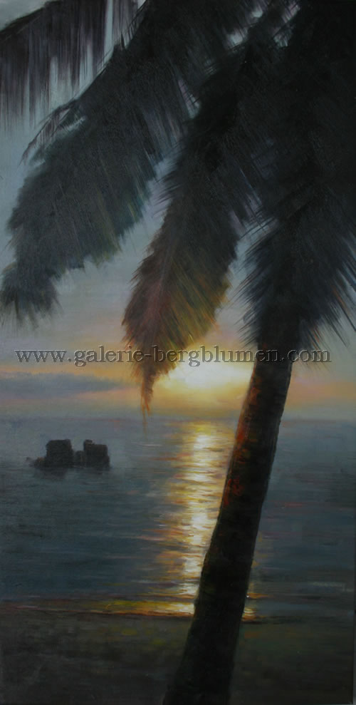 Gemälde - 
                                Palmen am Strand mit Sonnenuntergang über dem Meer - H/B 104cm/53cm