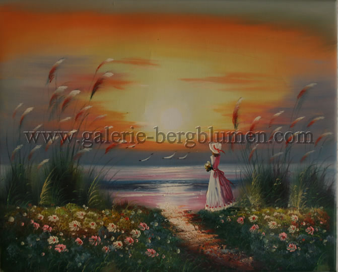 Gemälde - 
                                Einsames Mädchen vor Sonnenuntergang am Meer - H/B 42x51