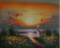 Gemälde - 
                            	Einsames Mädchen vor Sonnenuntergang am Meer - H/B 42x51