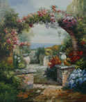 Gemälde - 
                            	Garten und Terrasse mit Blumenbogen - H/B 61cm/52cm