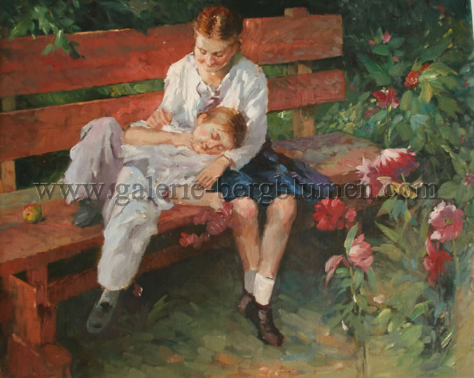 Gemälde - 
                                Mädchen und Junge auf einer Parkbank - H/B 49cm/61cm