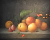 Gemälde - 
                            	Pfirsiche und Pfaumen aus einen Tisch - H/B 40cm/50cm