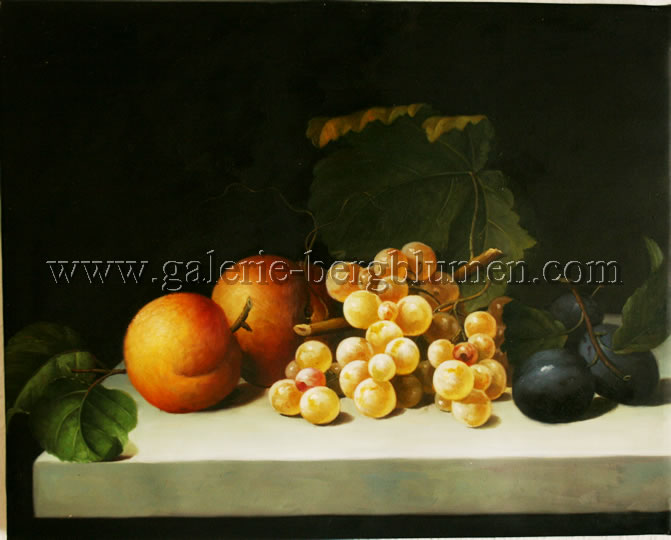 Gemälde - 
                                Pfirsiche, Weintrauben und Pflaumen auf einen weissen Tisch - H/B 40cm/50cm