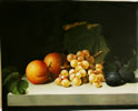 Gemälde - 
                            	Pfirsiche, Weintrauben und Pflaumen auf einen weissen Tisch - H/B 40cm/50cm