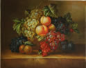 Gemälde - 
                            	Pfirsiche, Weintrauben und Pflaumen in einen Korb auf dem Tisch - H/B 40cm/50cm
