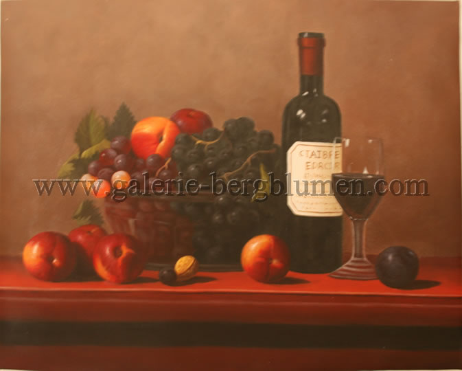 Gemälde - 
                                Obst und Rotwein auf einen Tisch - H/B 40cm/50cm