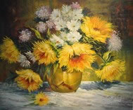Gemälde - 
                            	Braune Vase mit Sonnenblumen und Feldblumen - H/B 51cm/62cm