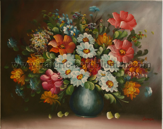 Gemälde - 
                                Frühlingsstrauß in blauer Vase - H/B 40cm/50cm