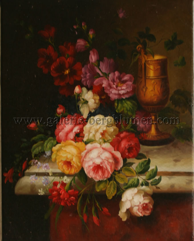 Gemälde - 
                                Blumen auf Marmortisch und Weinkelch - H/B 52cm/41cm
