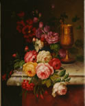 Gemälde - 
                            	Blumen auf Marmortisch und Weinkelch - H/B 52cm/41cm