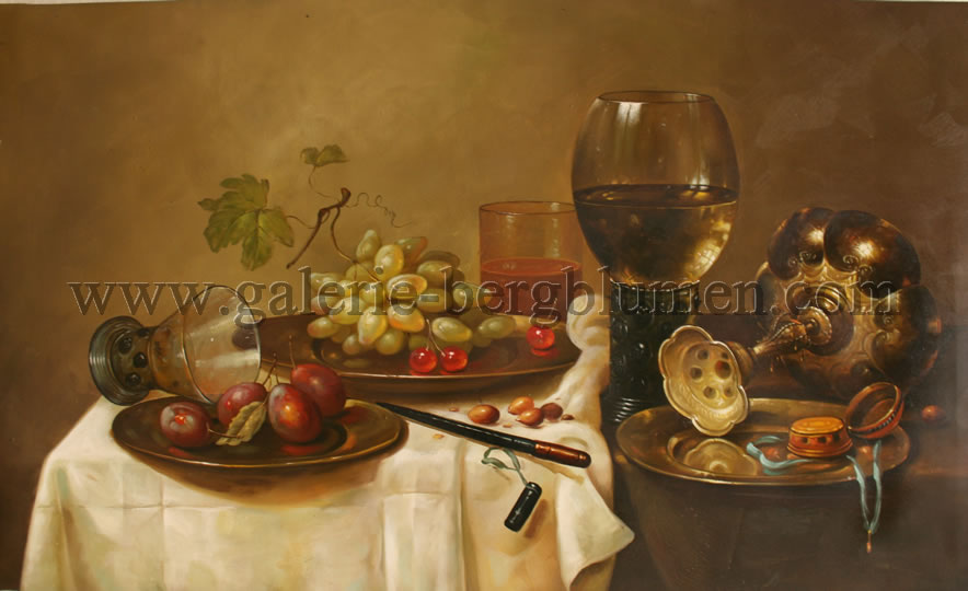 Gemälde - 
                                Tischchen mit Obst- und Weinresten nach Gelage - H/B 60cm/100cm