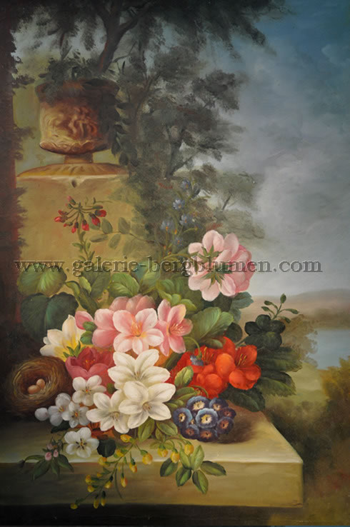 Gemälde - 
                                Blumen auf Gartenmauer - H/B 90cm/60cm