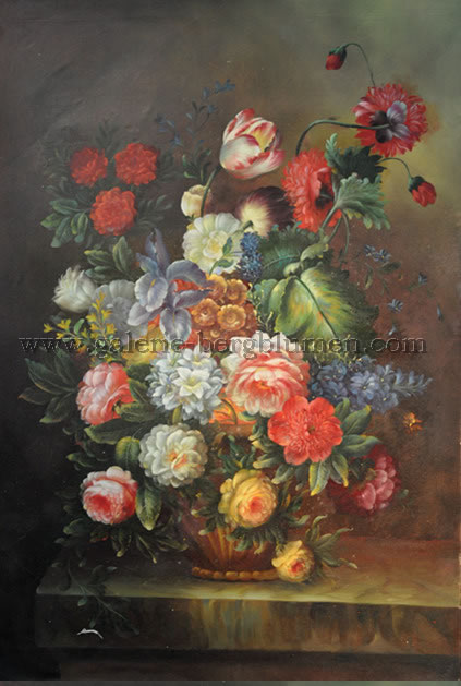 Gemälde - 
                                Blumengebinde in brauer Vase auf einen Marmorplatte - H/B 90cm/60cm