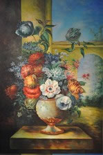 Gemälde - 
                            	Bunter Strauß in weißgoldener Vase auf Sockel - H/B 90cm/60cm