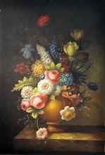 Gemälde - 
                                Bunter Blumenstrauß in Goldener Vase - H/B 90cm/60cm