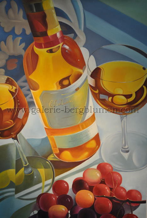 Gemälde - 
                                Weißweinflasche mit Gläser und Weintrauben - H/B 90cm/60cm