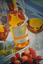 Gemälde - 
                                Weißweinflasche mit Gläser und Weintrauben - H/B 90cm/60cm