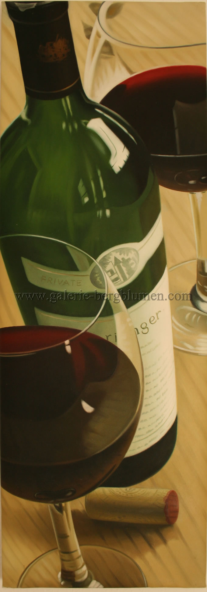 Gemälde - 
                                Rotweinflasche mit Gläser Nr. 1 - H/B 92cm/32cm
