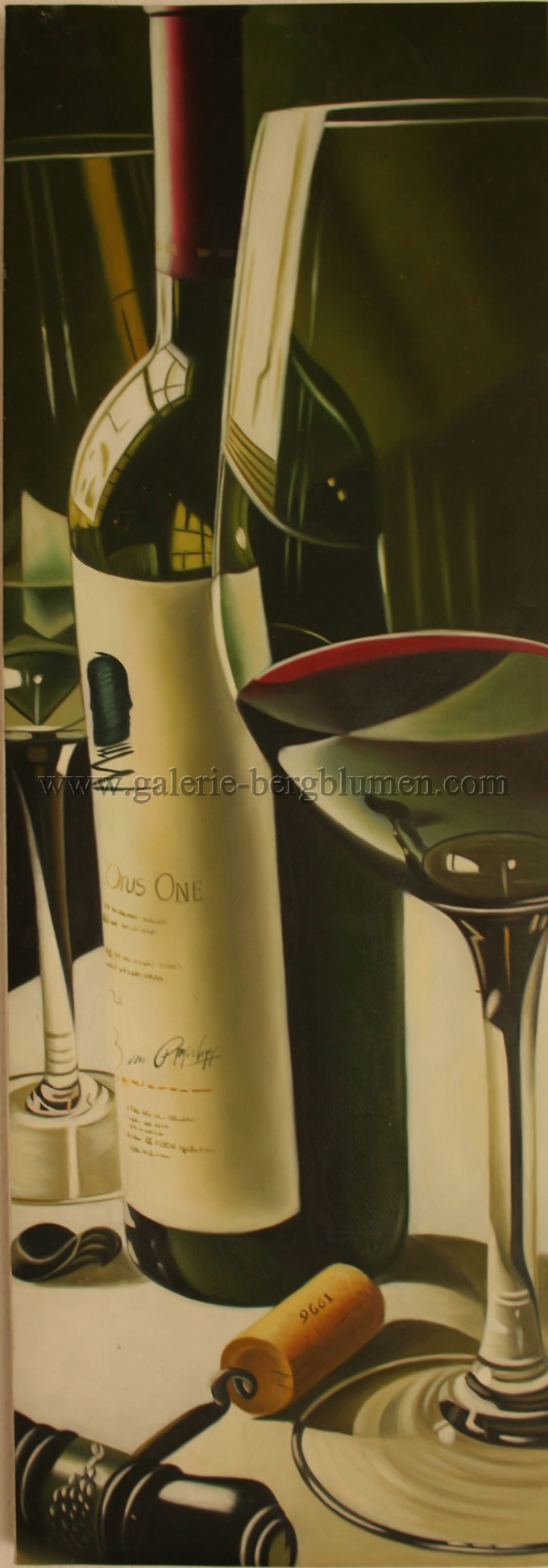 Gemälde - 
                                Rotweinflasche mit Gläser Nr. 2 - H/B 92cm/32cm