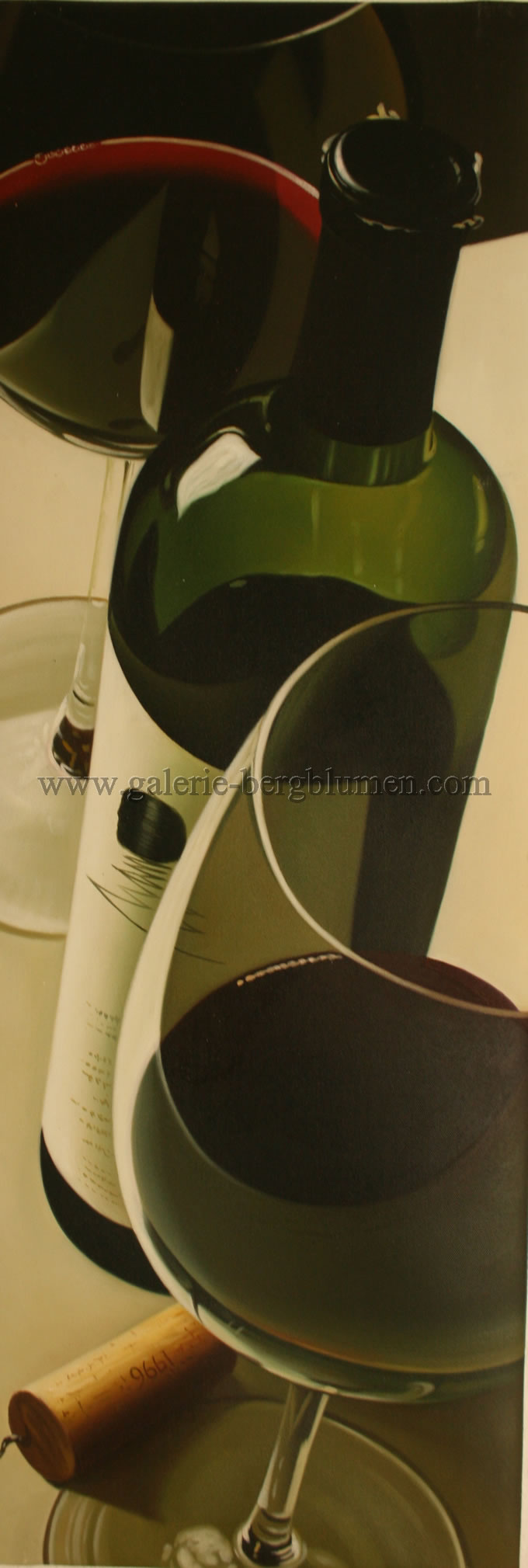 Gemälde - 
                                Rotweinflasche mit Gläser Nr. 3 - H/B 92cm/32cm