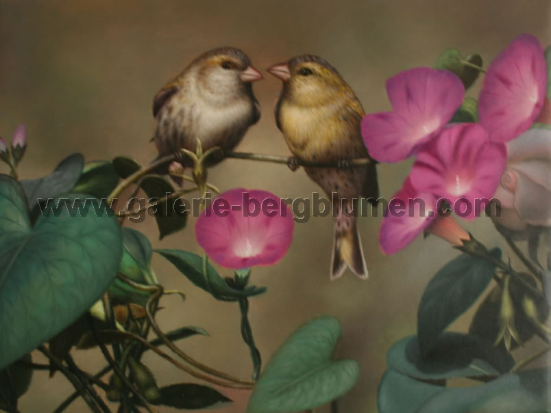 Gemälde - 
                                Zwei Vögel auf Blumenstä sitzend - H/B 32cm/42cm
