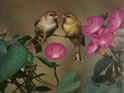 Gemälde - 
                            	Zwei Vögel auf Blumenstä sitzend - H/B 32cm/42cm