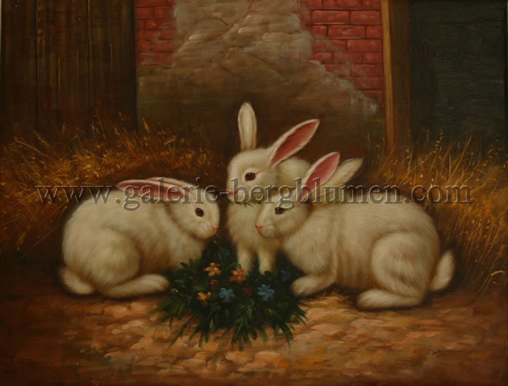 Gemälde - 
                                3 Hasen mit Blumenstrauss - H/B 31cm/41cm