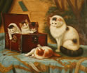 Gemälde - 
                            	Katzenmutter mit 4 Jungen die in einem Schmuckkästchen spielen - H/B 50cm/60cm