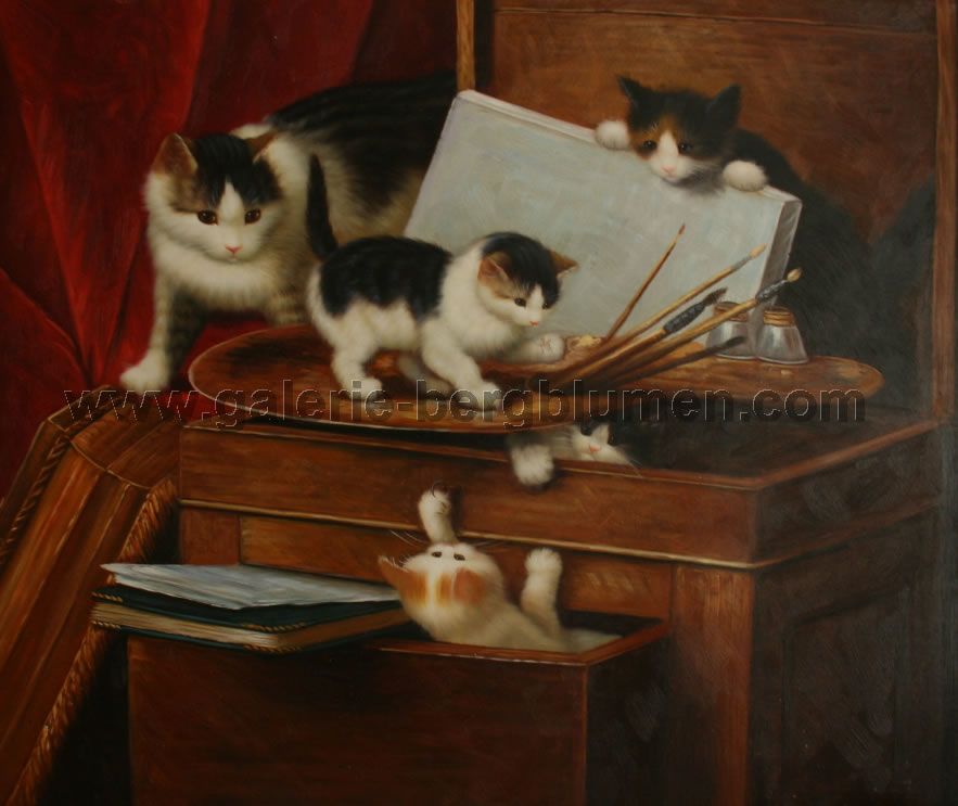 Gemälde - 
                                Katzenmutter mit 3 Jungen die spielen auf und in Kommode - H/B 50cm/60cm