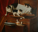 Gemälde - 
                            	Katzenmutter mit 3 Jungen die spielen auf und in Kommode - H/B 50cm/60cm