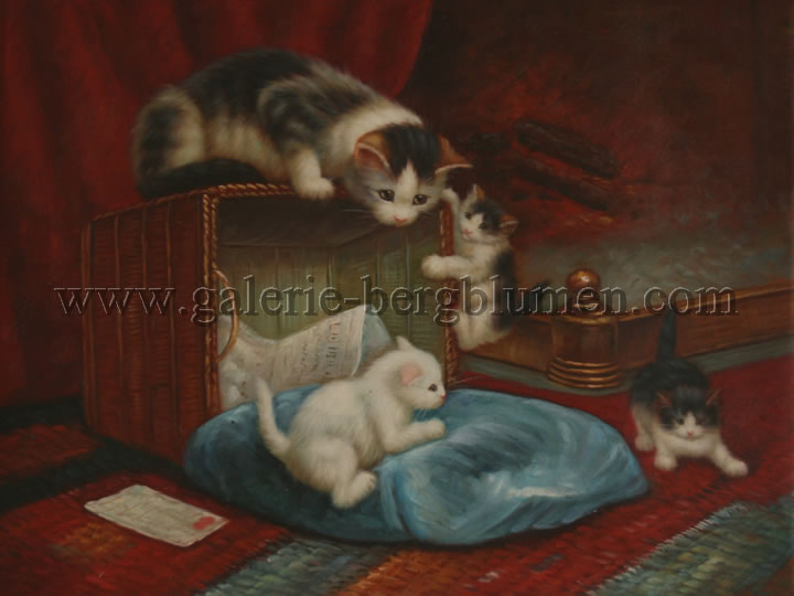 Gemälde - 
                                Katzenmutter mit 3 Jungen die im Papierkorb spielen - H/B 31cm/41cm