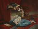 Gemälde - 
                            	Katzenmutter mit 3 Jungen die im Papierkorb spielen - H/B 31cm/41cm