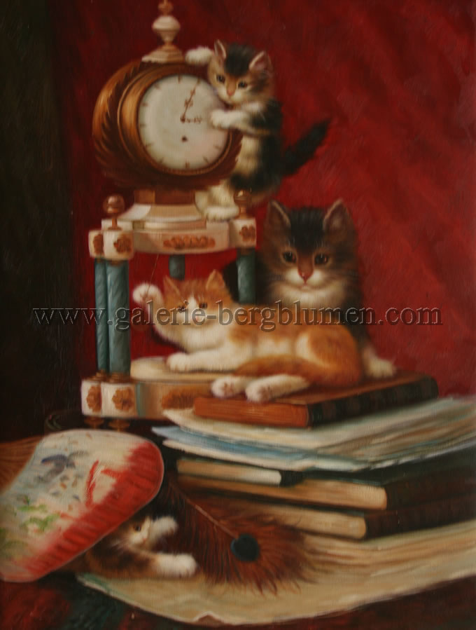 Gemälde - 
                                4 Kätzchen spielen mit Bücher und Tischuhr - H/B 41cm/31cm